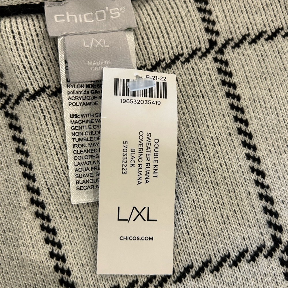 NWT Chicos Ruana Shawl‎ Open Cape Coat L/XL Faux Leather Trim Black Grey Plaid - Picture 5 of 7